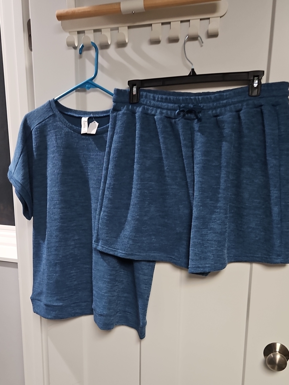 Relaxed Blue Women's Knit Pajama Set - Short Sleeve Top & Drawstring Shorts
